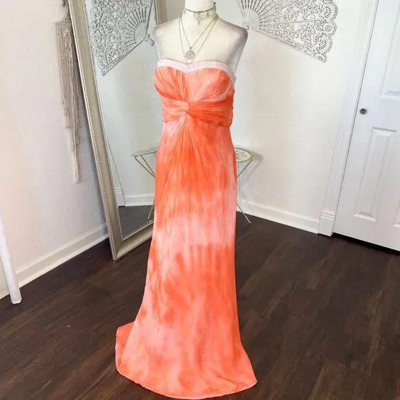 Aidan Mattox Early 2000's Ethereal Tie Dye Orange Silk Beaded Prom Formal Dress - Picture 3 of 7